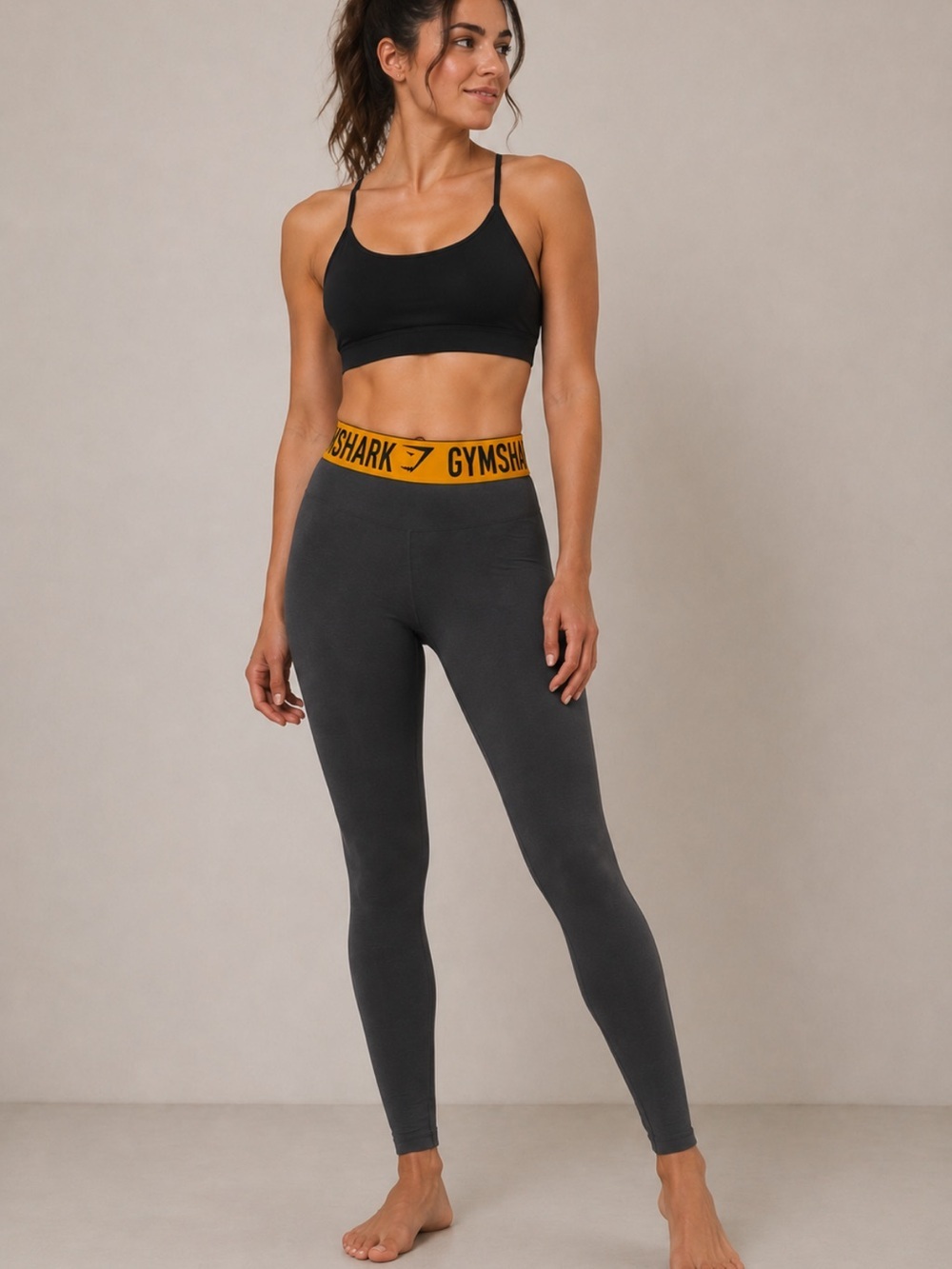 Gymshark Seamless Leggings Charcoal Gray Yellow Logo Waistband Medium (Est.)